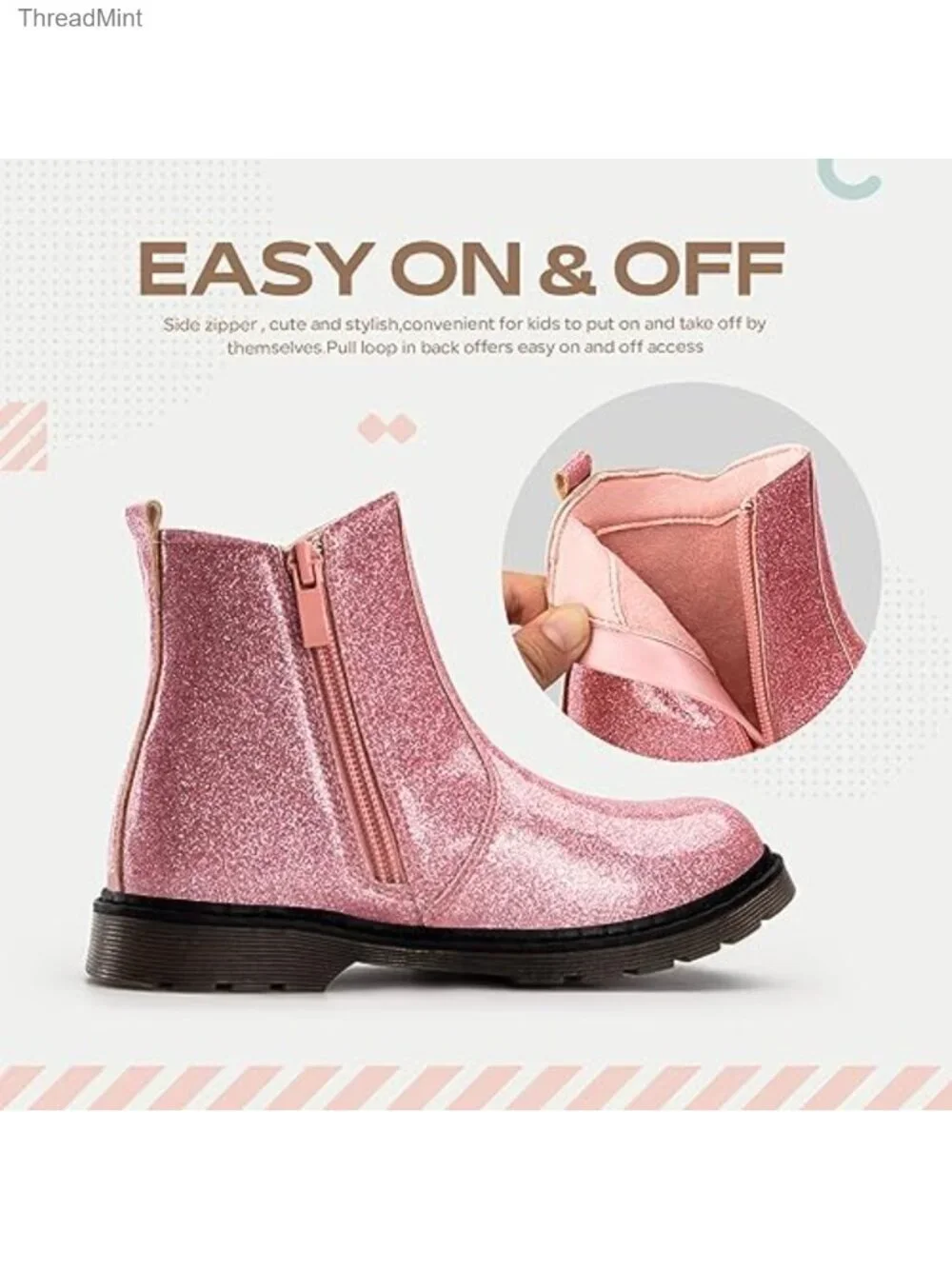 Girls Chelsea Boots Glitter PU Water Resistant Side Zip Ankle Booties